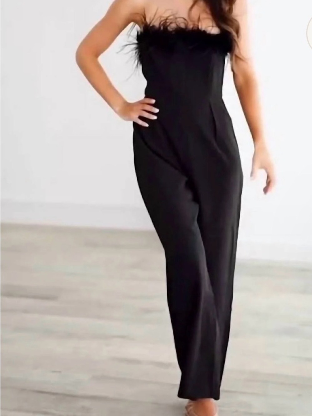 Women’s Lena Strapless Jumpsuit With Feather Trim Black Size Small Wide Leg NWOT